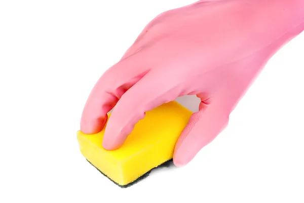 Mãos na luva com látex segurando esponja adicionar tigela isolada em branco — Fotografia de Stock