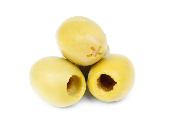 Algumas azeitonas sem caroço isoladas no fundo branco — Fotografia de Stock