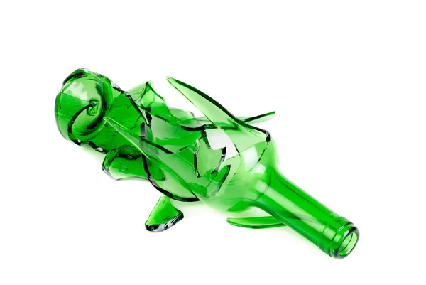 Shattered green wine bottle isolated on the white background — Stock Photo, Image