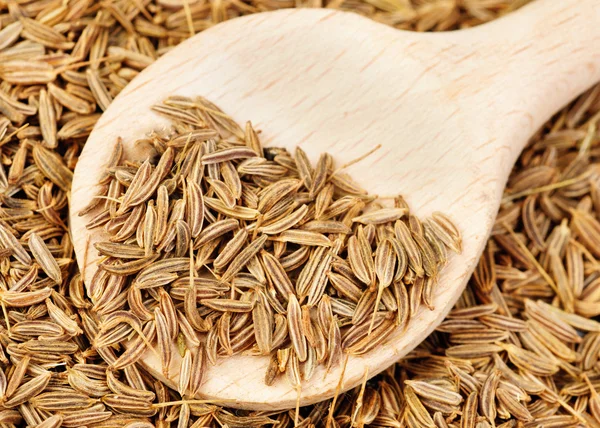 Cumin seeds and wooden spoon as background — Stock Photo, Image