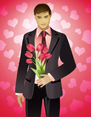 Man With Bouquet of Flowers clipart