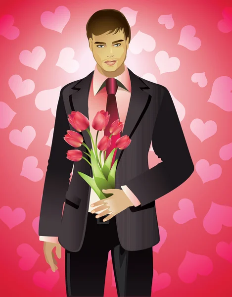 Man With Bouquet of Flowers — Stock Vector