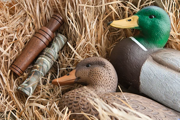 Duck decoy with stuffed and calls — Stock Photo, Image