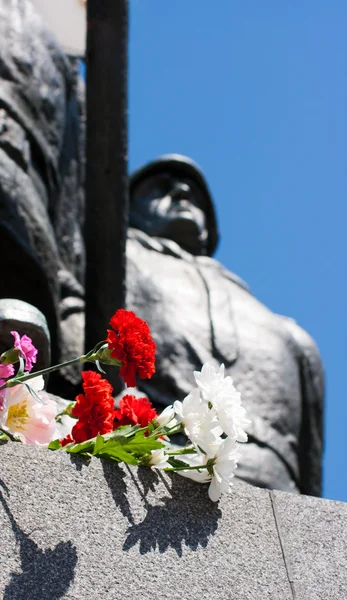 Flores cerca del monumento el día de la victoria — Foto de Stock