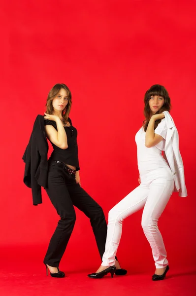 stock image Pretty sisters twins in white and black costumes