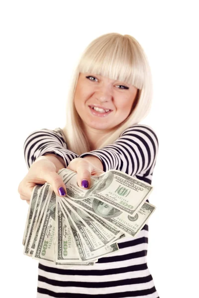 Gyönyörű nő gazdaság készpénz — Stock Fotó