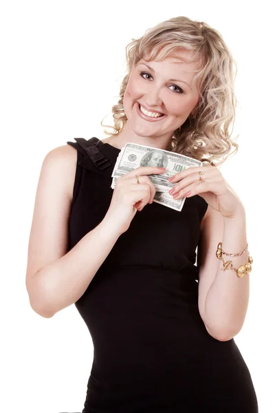 Улыбающаяся женщина с деньгами — стоковое фото
