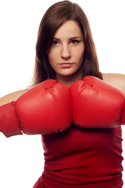 Pretty confident woman with boxing gloves — Stock Photo, Image