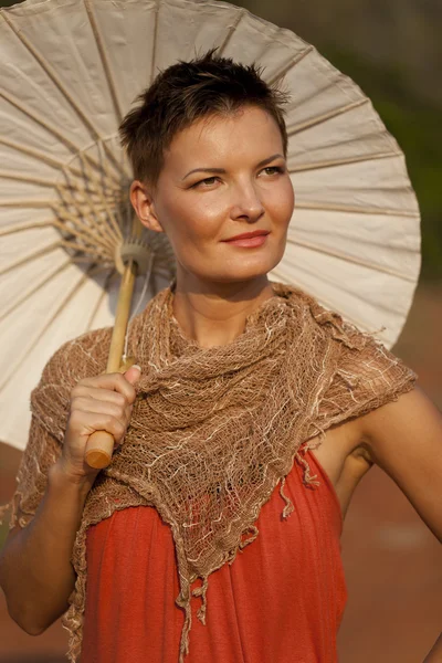 Smiling Woman with Umbrella — Stock Photo, Image