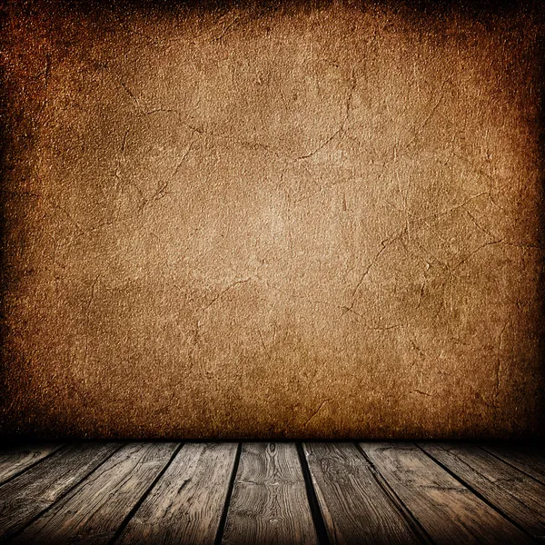 Grunge papírové stěny s dřevěnou podlahu interiéru pozadím — Stock fotografie