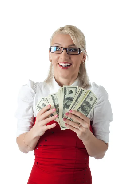 Happy blond business woman in red with money — Stock Photo, Image
