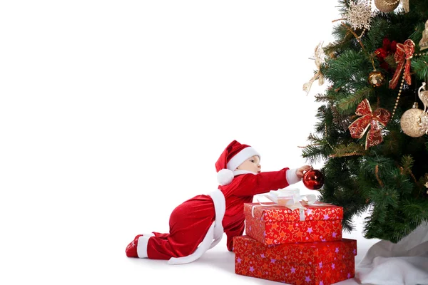 Baby santa claus decorate fir tree — Stock Photo, Image