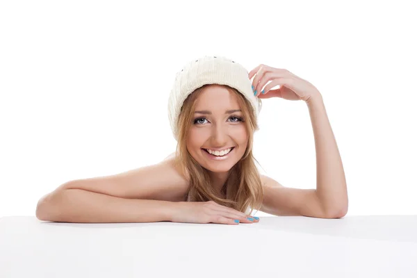 Young sexy girl smile in white cap — Stock Photo, Image