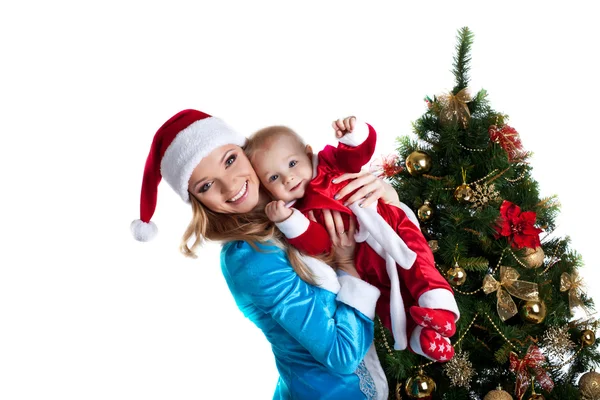 Joie de la jeune fille des neiges avec portrait de bébé Père Noël — Photo