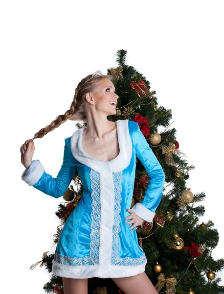 Sexig christmas flicka stå med nyår GranTree — Stockfoto
