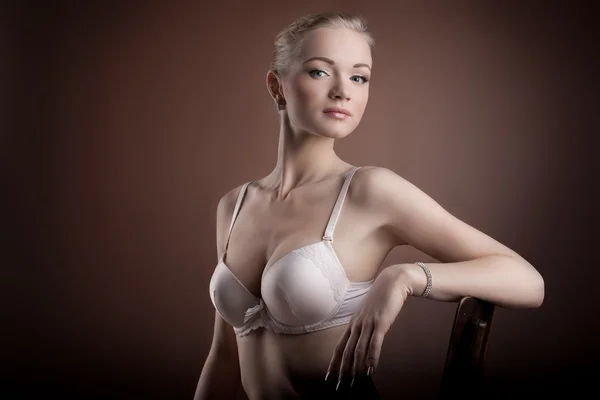 Beautiful woman portrait in white bra — Stock Photo, Image