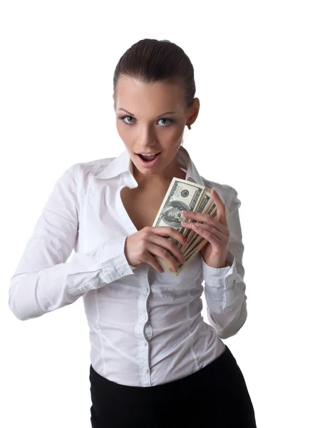 Sexy young business woman take lots of money — Stock Photo, Image