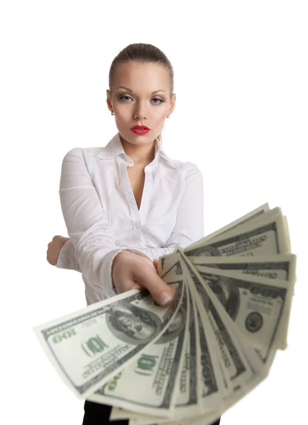 Young business woman offer a bundle of money — Stock Photo, Image