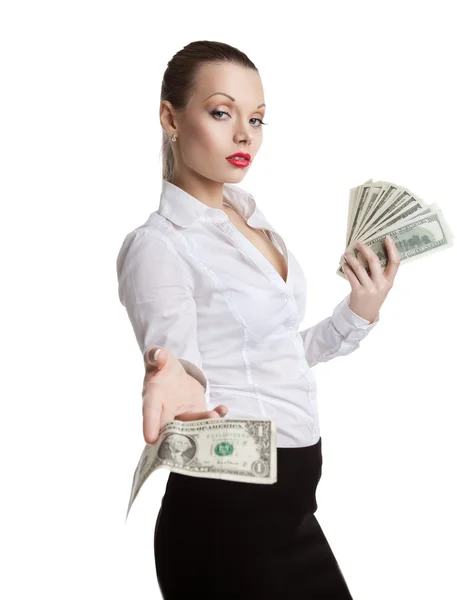 Stolt ung affärskvinna ta alla pengar — Stockfoto