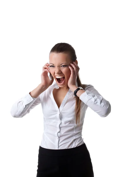 Hněv mladých obchodní žena scream na buňku — Stock fotografie