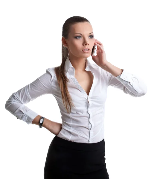 Atrakcyjna kobieta rozmowy na telefon komórkowy na białym tle — Zdjęcie stockowe