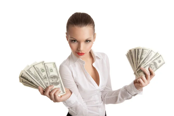 Sexy business woman take a bundle of money — Stock Photo, Image
