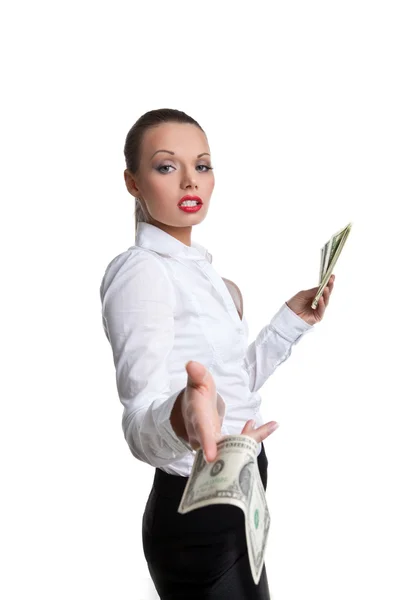 Seksi iş kadını meydan okuma ile bir banknot ver — Stok fotoğraf