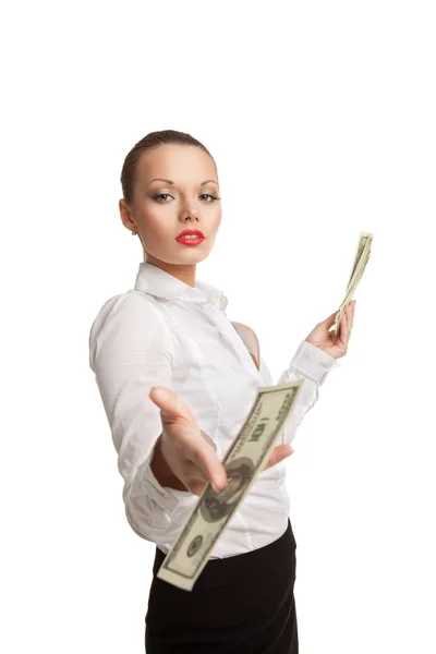 Young business woman give one bank note with scorn — Stock Photo, Image