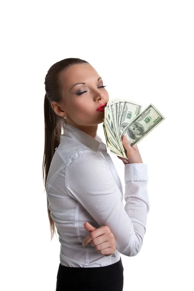 Young sexy woman kiss a bundle of dollars — Stock Photo, Image