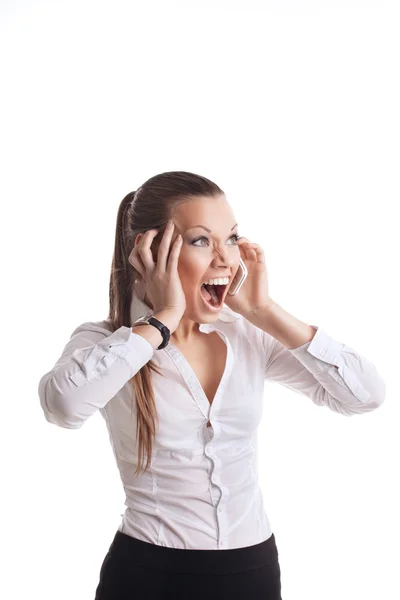 Злая молодая деловая женщина кричит в камеру — стоковое фото