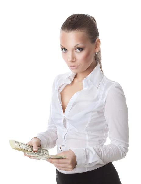 Genç seksi kadın bir tomar para saymak — Stok fotoğraf
