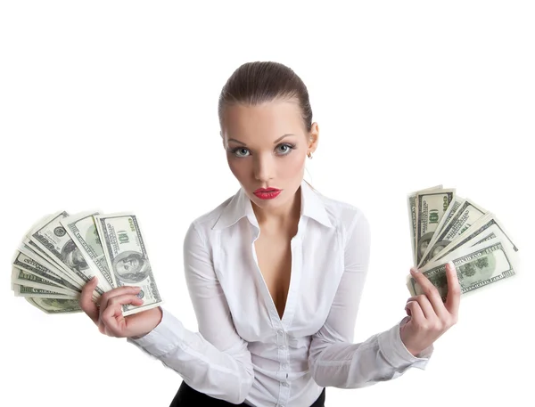 Sexy business woman take a bundle of money — Stock Photo, Image