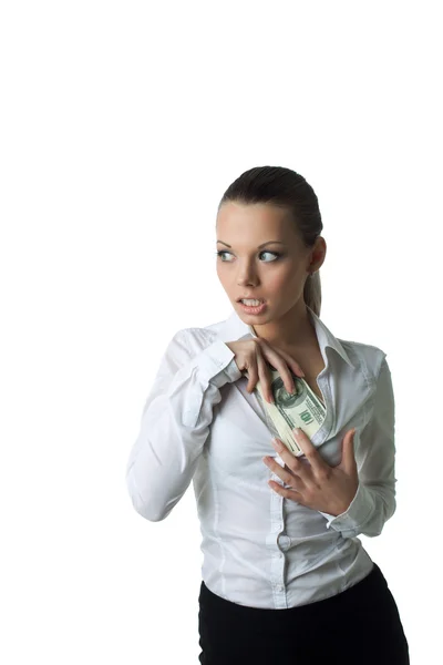 Sexy zakenvrouw verbergen veel geld — Stockfoto