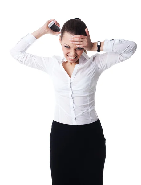 Rabbia giovane donna d'affari urlare sul cellulare — Foto Stock