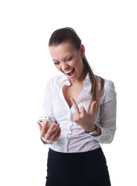 Anger young business woman fuck sign on cell — Stock Photo, Image