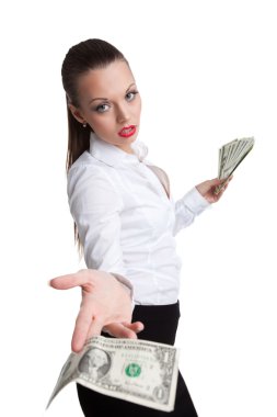 Young business woman offer a dollar with scorn clipart