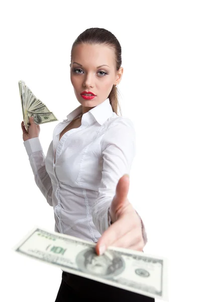 Sexy business woman give a dollar with defiance — Stock Photo, Image