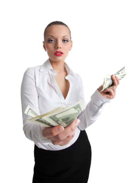 Sexy business woman offer a money — Stock Photo, Image