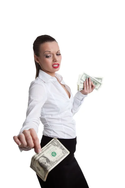 Seksowny biznes kobieta się dolara z nieufności — Zdjęcie stockowe