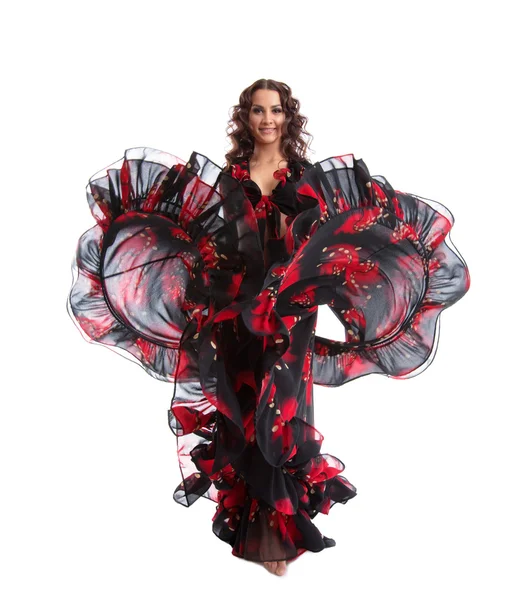 Donna danza in costume zingaro rosso e nero — Foto Stock