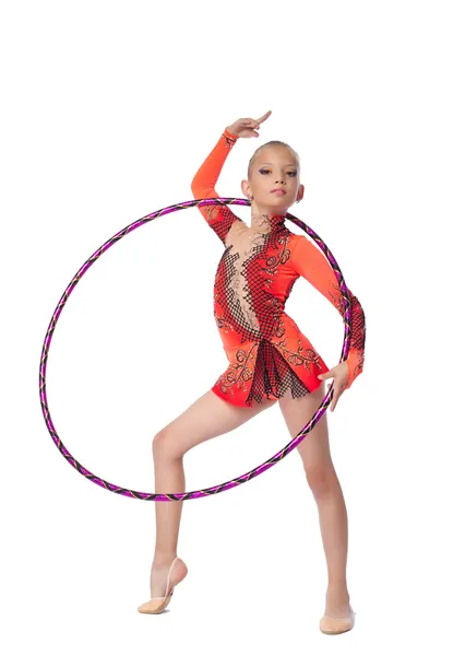 Young gymnast stand with hoop isolated — Stock Photo, Image