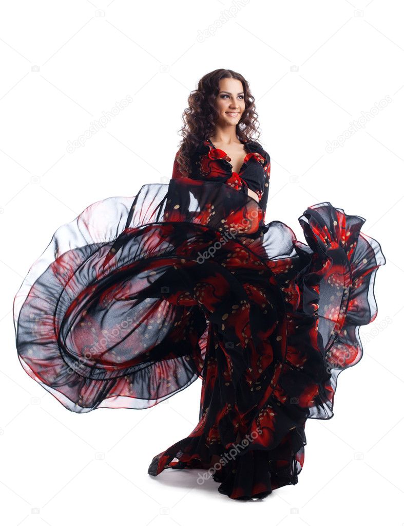 Woman dance in gypsy red and black costume — Stock Photo © Wisky #8593837
