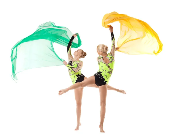 Two beauty acrobats dance with flying cloth — Stock Photo, Image