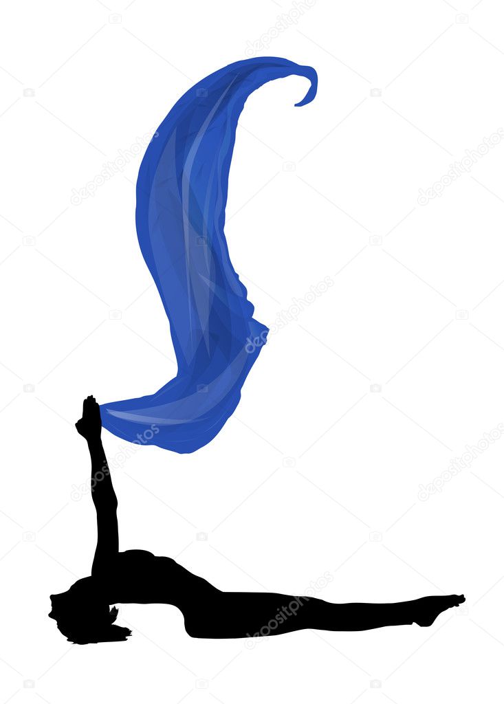 Woman lay in yoga pose with blue flying fabric