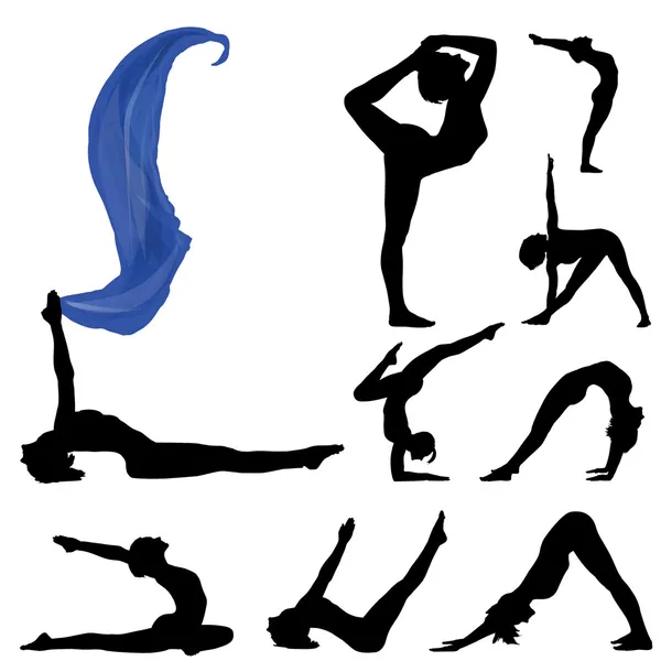 Colección mujer de pie en postura de yoga aislada — Vector de stock