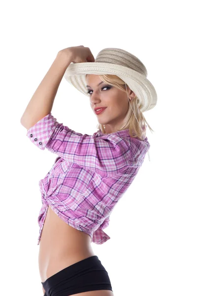 Jonge blonde vrouw met stro hoed, geïsoleerd — Stockfoto