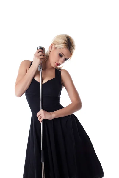 Beauty woman pin-up portrait with microphone — Stock Photo, Image