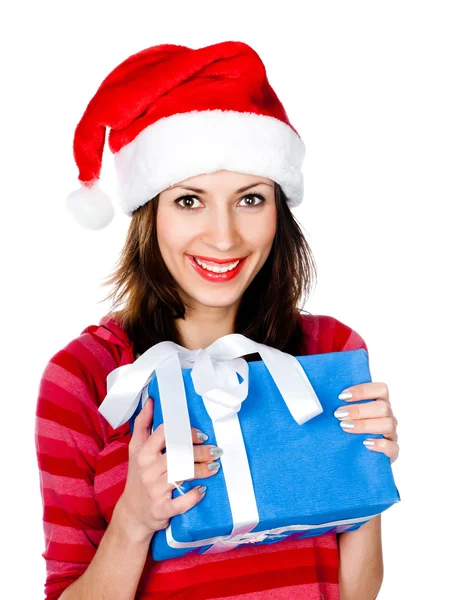 Ragazza in cappello Babbo Natale con regali — Foto Stock