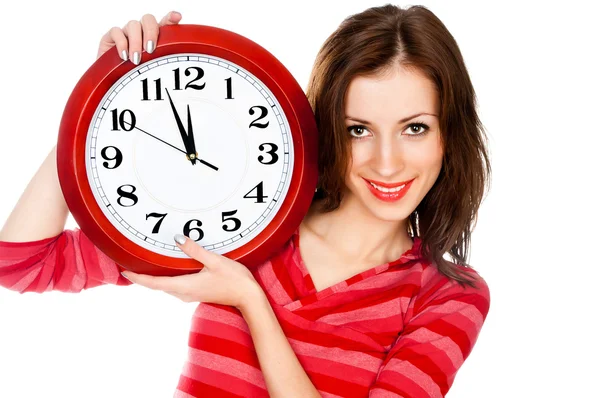 화이트에 고립 된 시계와 여자 — 스톡 사진