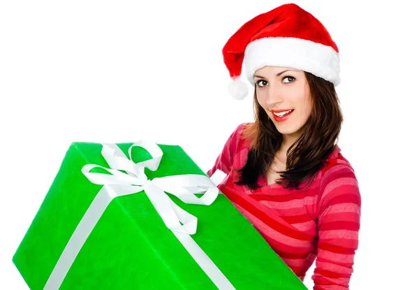 Santa kalap ajándékok lány — Stock Fotó